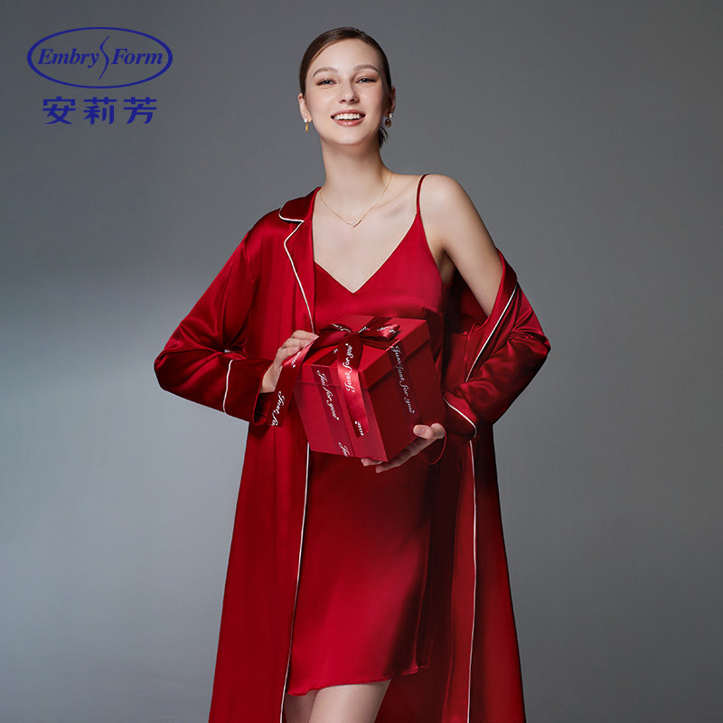安莉芳薄款桑蚕丝性感吊带睡裙女士结婚本命年红色家居裙EL0048