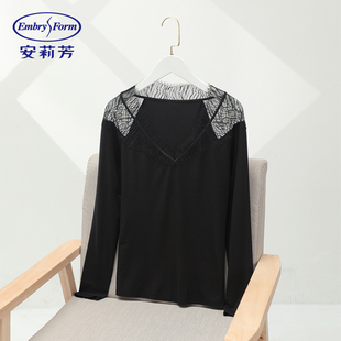 安莉芳专柜v领长袖 舒适抑菌性感秋衣ED00314 蕾丝打底上衣女士薄款