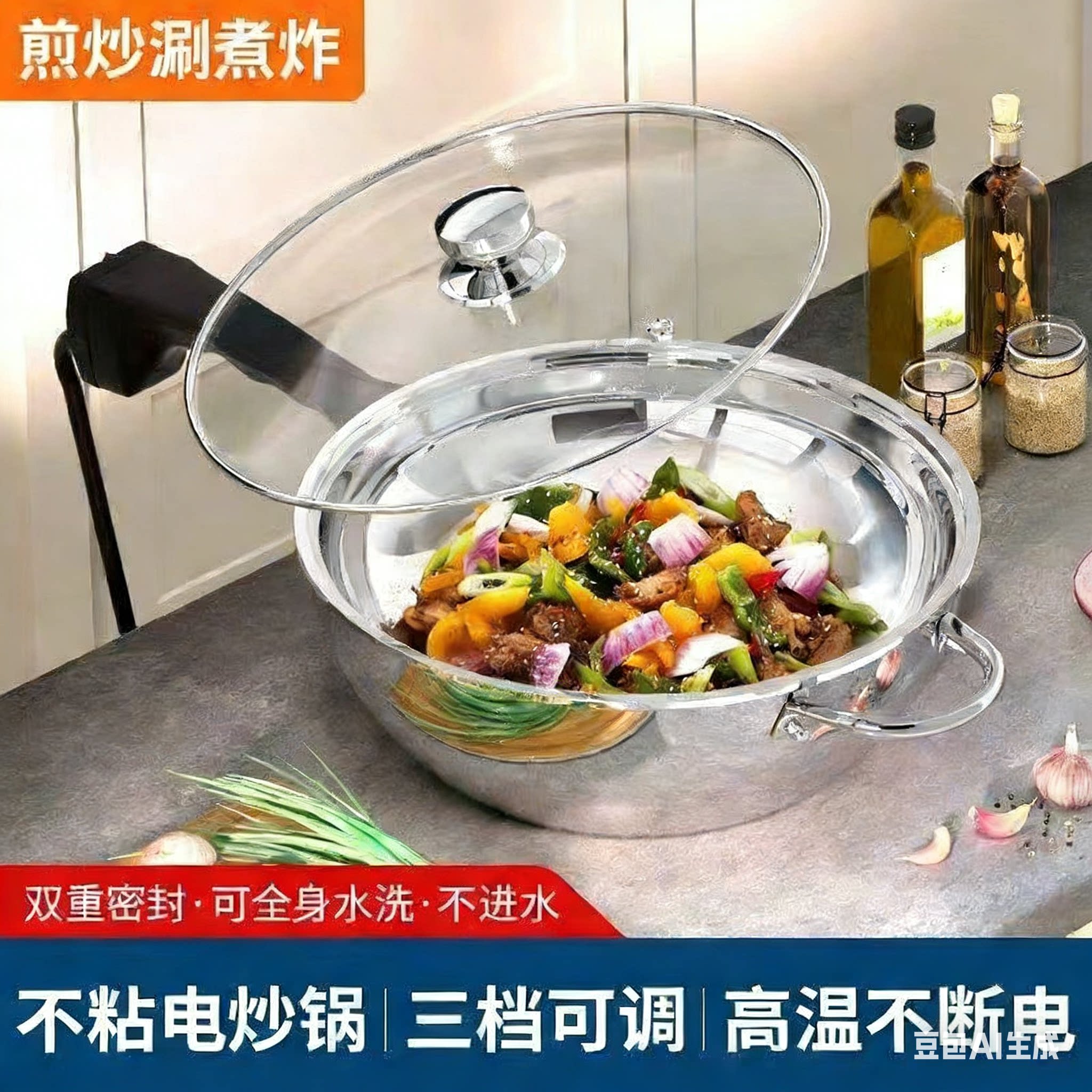 出口台湾电炒锅智能一体式大容量多功能不粘锅不锈钢电煮火锅大功