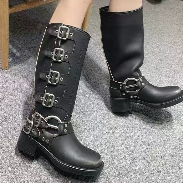 M家皮带扣粗跟长筒靴女方头套筒机车骑士靴棕色西部牛仔靴