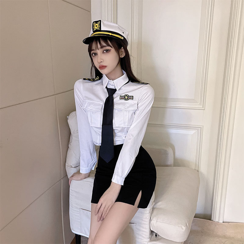 实拍空姐jk制服套装女春季白色职业装领带衬衣 开叉包臀短裙