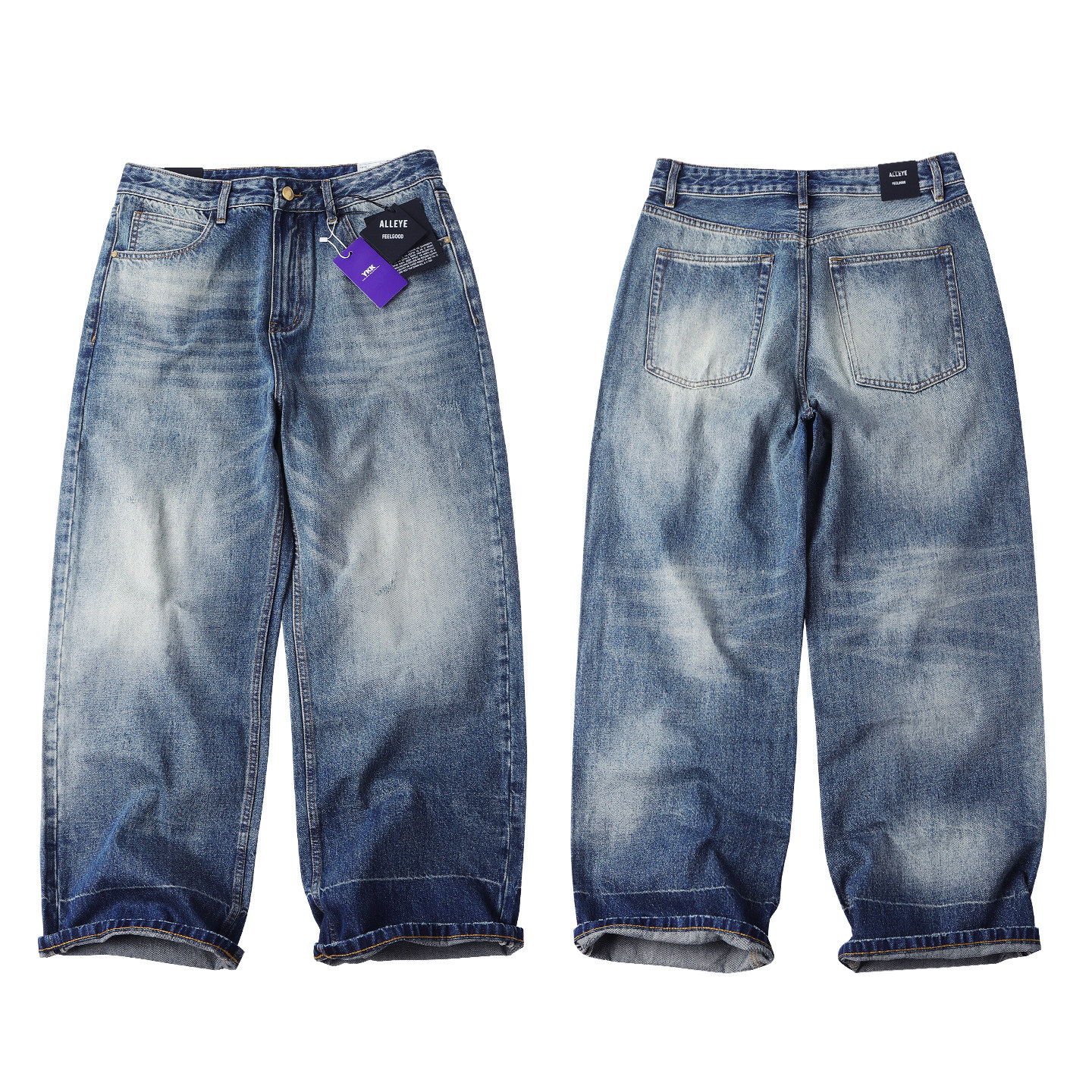 秋季浅蓝色牛仔裤男宽松直筒裤复古水洗做旧猫须磨破高个子长裤