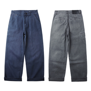 冬季重磅纯棉厚实蓝色法工裤男宽松直筒挺括长裤水洗工装裤拖地裤