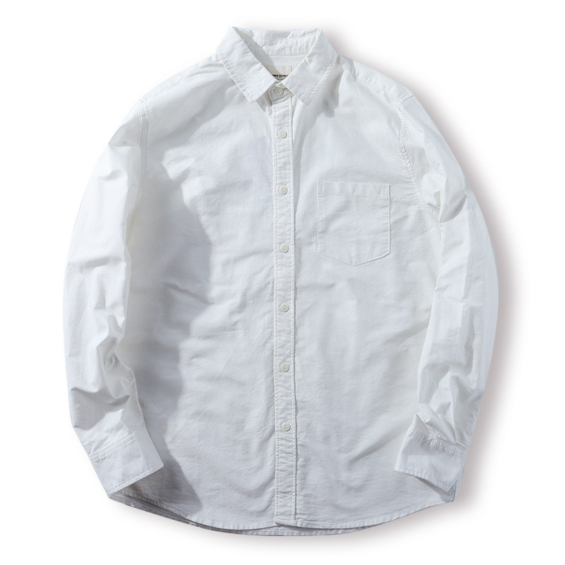 秋季新款乳白色纯棉牛津纺衬衫男长袖基础款百搭水洗做旧透气衬衣
