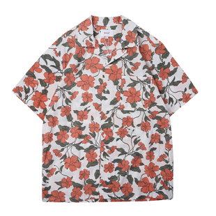 夏季轻薄款复古古巴领衬衫亚麻透气玫瑰花卉印花短袖度假海边旅游