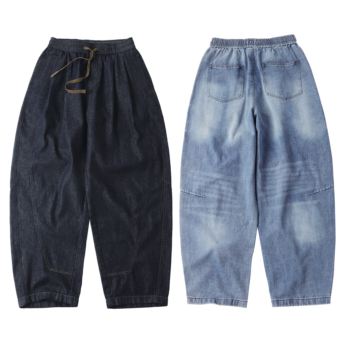 秋季拼接牛仔裤男宽松廓形弯刀裤水洗浅蓝色萝卜裤抗皱耐磨阔腿裤