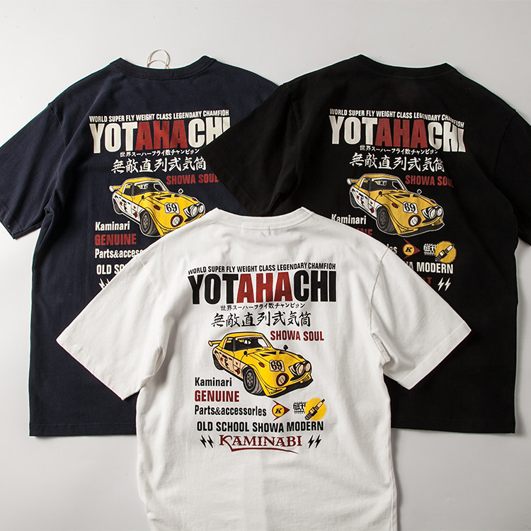日系复古赛车卡通大印花T恤男女纯棉磨毛圆领落肩袖短袖宽松柔软