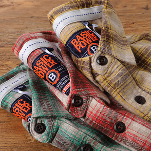 秋季美式复古格子衬衫男人字纹纯棉水洗磨毛柔软休闲长袖打底衫潮