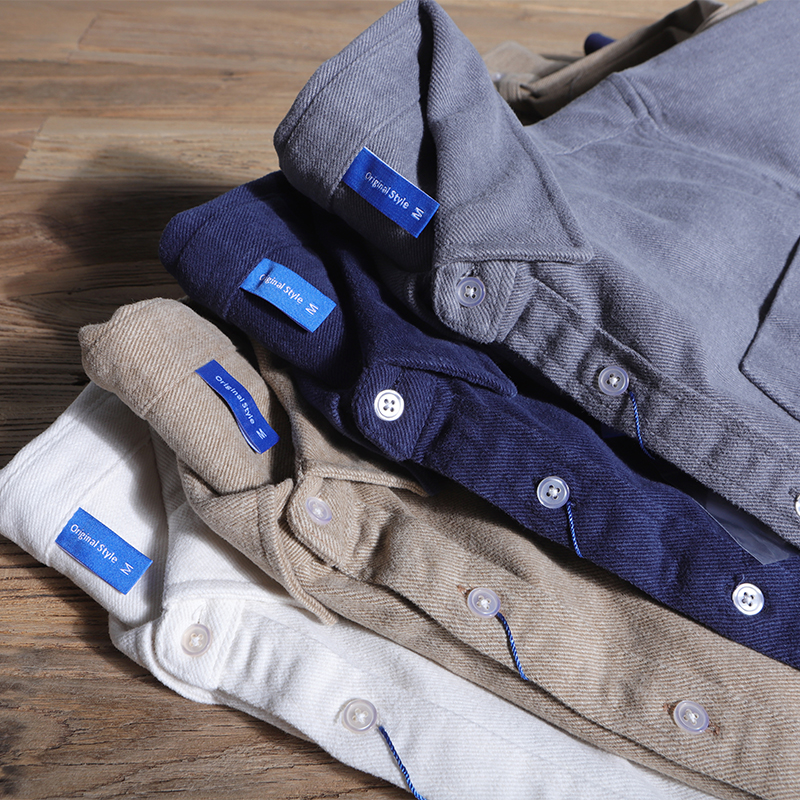 春季美式重磅纯棉纯色工装衬衫厚口袋刺绣做旧休闲长袖衬衣男外套