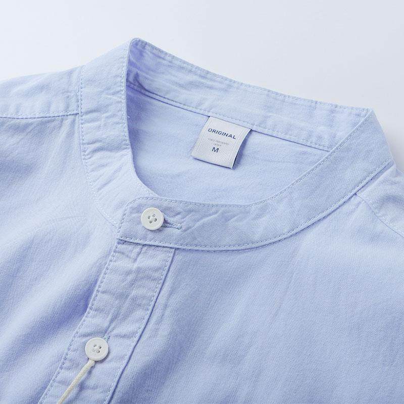 春夏季薄款日系复古纯棉立领衬衫男纯色文艺简约高级慵懒长袖衬衣
