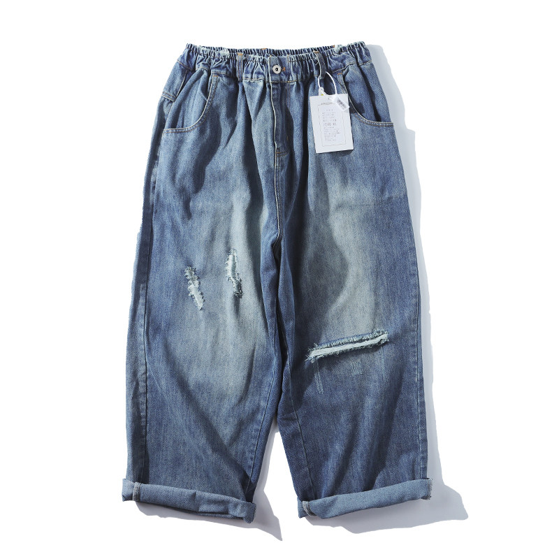 秋季重磅黑色阔腿牛仔裤男日系cityboy宽松直筒破洞工装牛仔长裤