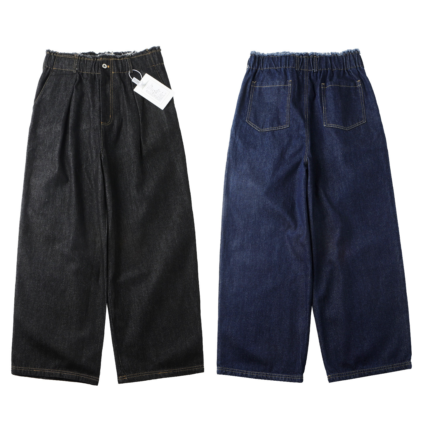 秋季重磅牛仔裤男宽松廓形直筒裤毛边松紧腰阔腿裤拖地长裤老爹裤