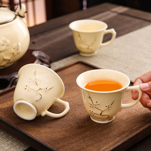 家用防烫有耳陶瓷喝茶主人杯功夫茶杯带手柄会客杯垫专用品茗杯子