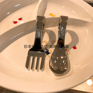 日本Familiar经典宝宝辅食训练餐具儿童易抓握不锈钢弯柄勺子叉子