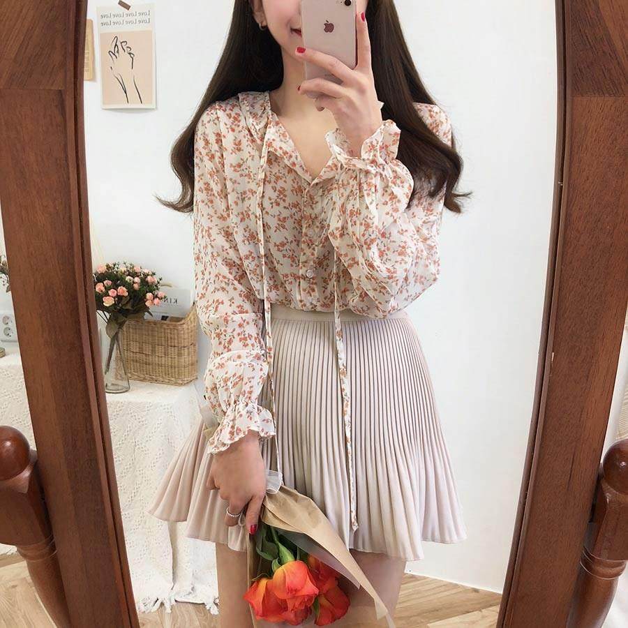 碎花雪纺衬衫女韩版2019新款宽松长袖衬衣百搭高腰百褶短裙两件套|ruв категории Женская одежда, рубашка - от Buy2taobao.com для оказания профессиональной услуги покупки агента Taobao