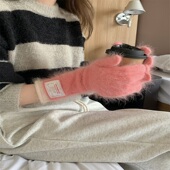 韩国出口兔毛针织手套女长款 冬季 保暖防风骑行五指手套可触屏拼色