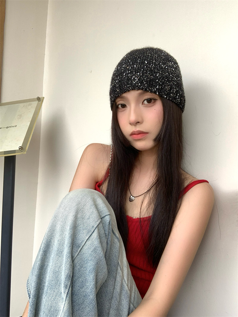 走秀款~权志龙jennie同款高级感闪片蝴蝶结毛线帽子女早秋ins冷帽