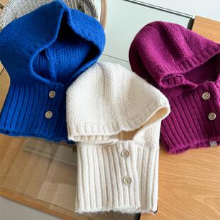 纽扣设计含羊毛巴拉克拉法帽女秋冬保暖针织帽包头脖套潮法克帽