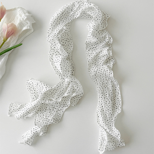 复古白色波点木耳边设计长条丝巾女2025春夏新款护颈围脖装饰领巾