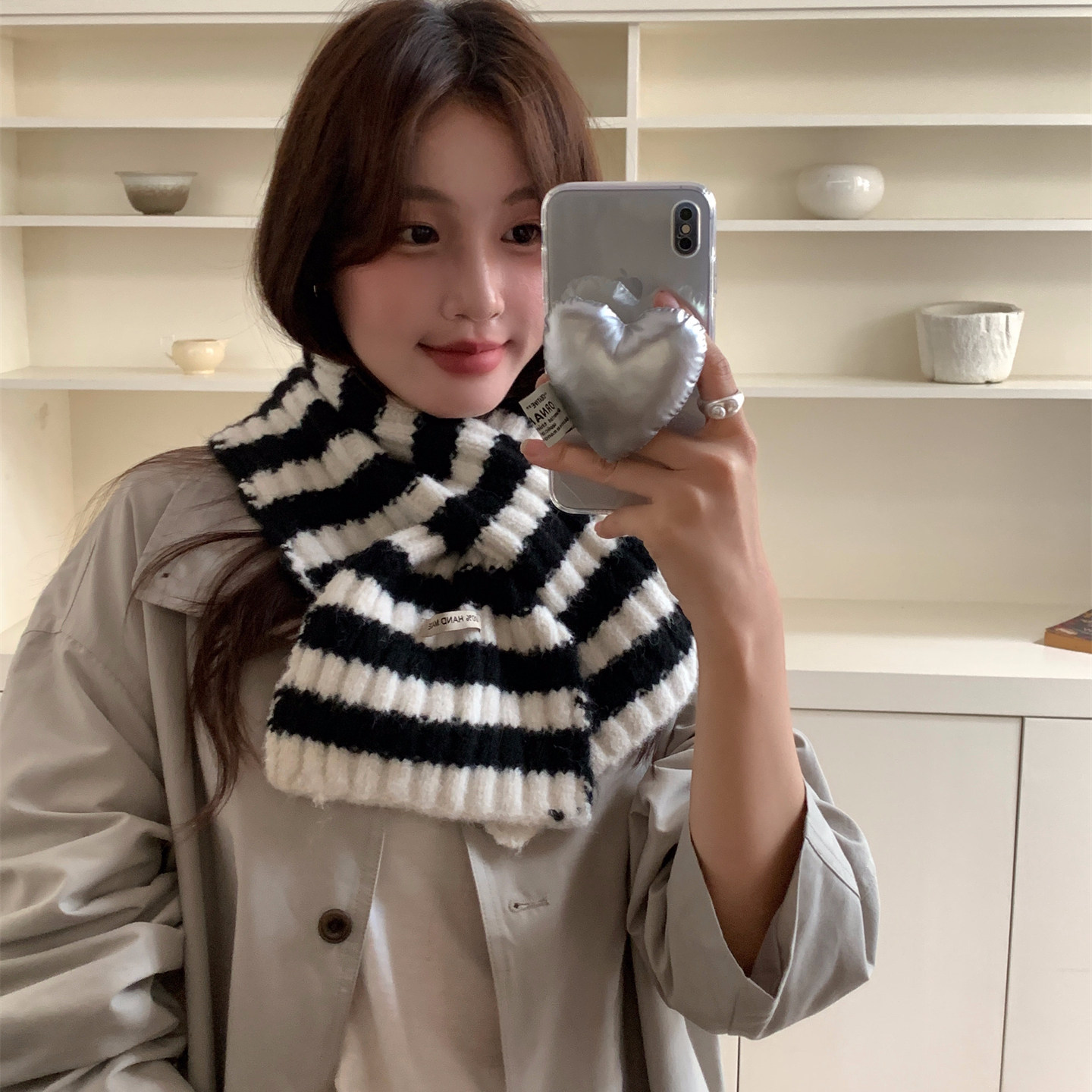 韩系经典条纹针织交叉小围巾男女冬季百搭情侣款毛线保暖防寒围脖