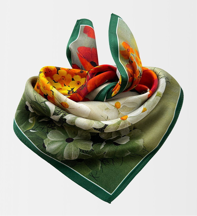 绿色油画真丝桑蚕丝小方巾女春秋搭配衬衫护颈围脖子装饰薄围巾