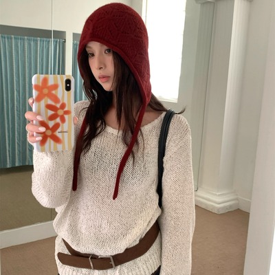 勾花时尚纯羊毛护耳针织帽秋冬可系带包头帽带绳冷帽保暖显脸小帽
