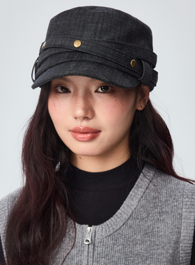 复古做旧灰黑色铆钉平顶鸭舌帽女秋冬100%纯棉可扎马尾工装报童帽