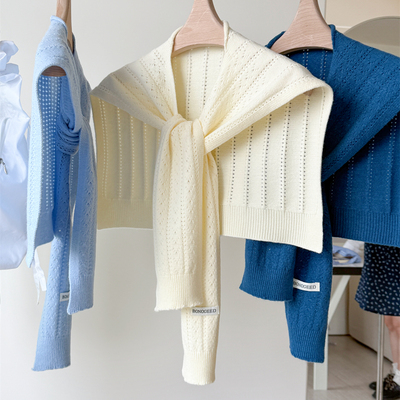 韩系纯色镂空针织小披肩女2025新款外搭打结坎肩春夏时尚保暖搭肩