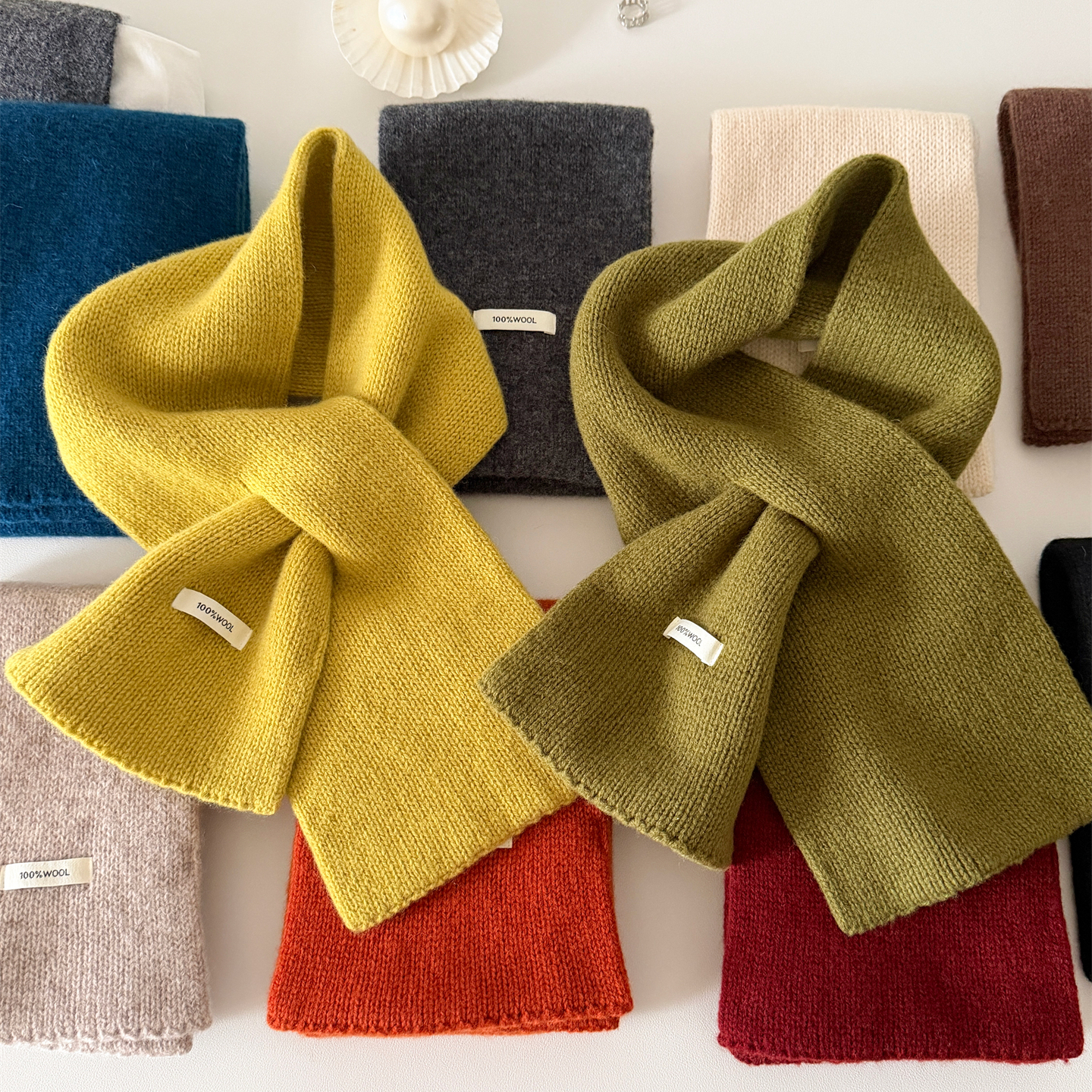 纯色针织围巾100%wool纯羊毛针织交叉毛线围巾女冬季保暖防寒围脖