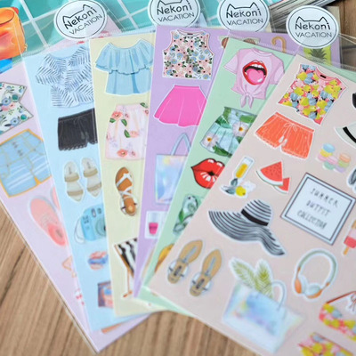 出口单手绘可爱插画夏日风情衣服服饰穿搭手帐日程pvc防水贴纸
