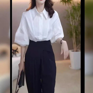 bell秋季 高级压褶翻领衬衫 英国portney 新款 女 时尚 高腰阔腿裤