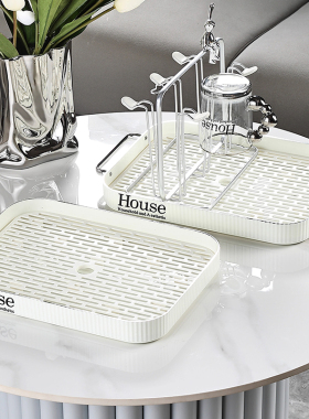 轻奢茶盘高级感客厅家用双层沥水托高颜值奶油风杯子长方形果几