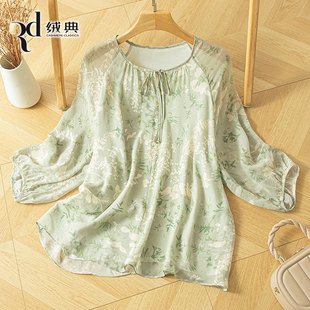100%桑蚕丝宽松薄款 2025夏圆领系带印花小衫 上衣 女装 绒典真丝衬衫