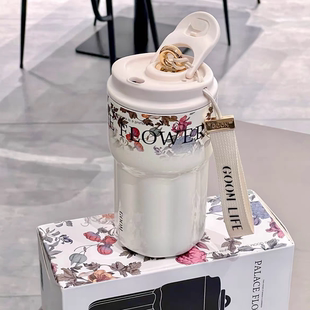 GOOM繁花保温杯女生新款吸管车载大容量保冷咖啡水杯子GM-23AW-B1