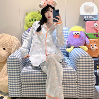 睡衣女款春秋季带胸垫