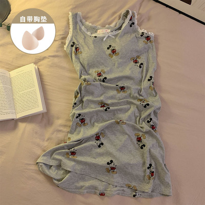 夏季带胸垫一体无袖睡裙女款2025新款卡通小鼠吊带裙子睡衣家居服