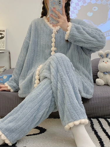 Удерживающая тепло коралловая бархатная пижама, демисезонный фланелевый комплект, 2024 года