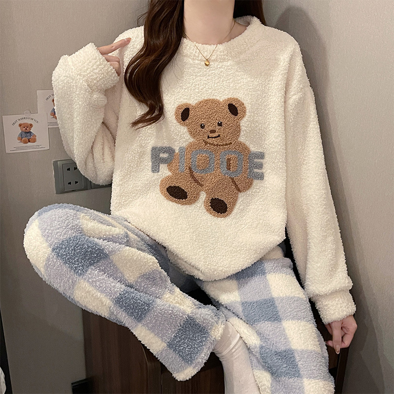 小熊半边绒睡衣女可外穿加厚套装