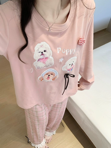 Бархатная пижама, демисезонный мультяшный топ с чашечками, кружевной лонгслив, штаны, женский стиль