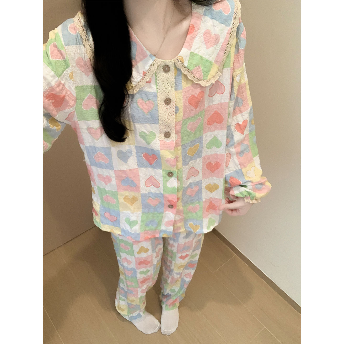 睡衣女春秋款爱心格子娃娃