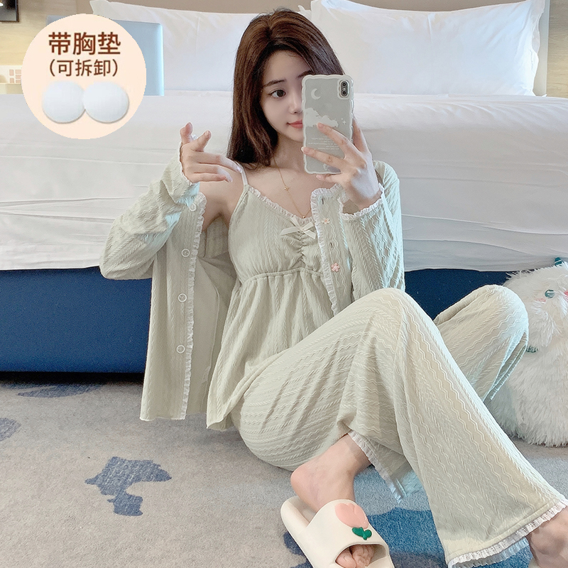 一体带胸垫睡衣女三件套长袖棉柔