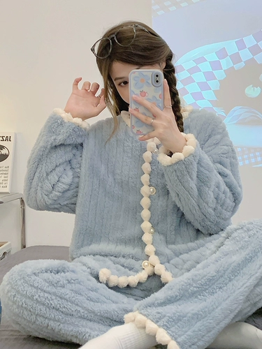 Удерживающая тепло коралловая бархатная пижама, демисезонный фланелевый комплект, 2024 года