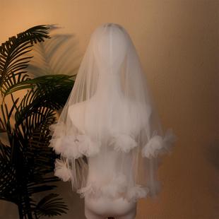 原创新品 求婚领证登记小头纱双层切边钉花朵新娘头纱结婚礼服配饰