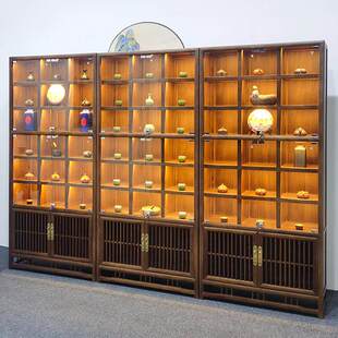 老榆木多宝格紫砂壶展示柜玻璃门博古架实木茶叶架新中式茶室柜子