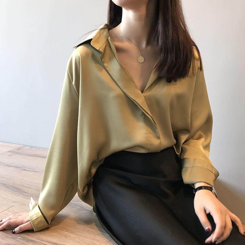 仿真丝衬衫女秋设计感 V领宽松丝绸缎面上衣韩版长袖纯色衬衣【3|msdalam kategori Butik wanita / wanita, baju lace/baju chiffon - dari Buy2taobao.com untuk memberikan perkhidmatan ejen Taobao profesional membeli