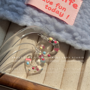 小众手工透明彩色波点多巴胺C形耳圈可爱少女风甜美小众耳钉耳环