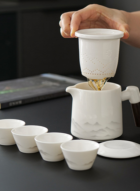 羊脂玉白瓷便携式旅行茶具小套装户外露营茶具外出携带包一壶四杯