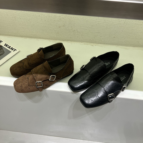 复古平底舒适乐福鞋女25秋季布洛克雕花皮带扣方头单鞋百搭小皮鞋