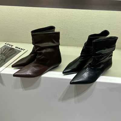 韩版低跟尖头堆堆靴女25秋冬时尚百搭显瘦短靴气质褶皱时装马丁靴