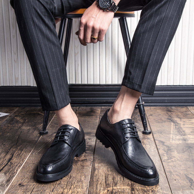 布洛克黑色韩版英伦潮鞋休闲商务正装西装皮鞋男士夏季内增高男鞋